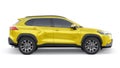 Tokyo, Japan. April 19, 2022: Toyota Corolla Cross 2020. Compact yellow SUV with a hybrid engine and four-wheel drive