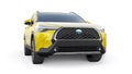 Tokyo, Japan. April 19, 2022: Toyota Corolla Cross 2020. Compact yellow SUV with a hybrid engine and four-wheel drive Royalty Free Stock Photo
