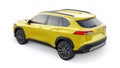 Tokyo, Japan. April 19, 2022: Toyota Corolla Cross 2020. Compact yellow SUV with a hybrid engine and four-wheel drive