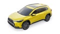 Tokyo, Japan. April 19, 2022: Toyota Corolla Cross 2020. Compact yellow SUV with a hybrid engine and four-wheel drive