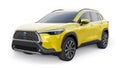 Tokyo, Japan. April 19, 2022: Toyota Corolla Cross 2020. Compact yellow SUV with a hybrid engine and four-wheel drive