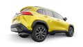 Tokyo, Japan. April 19, 2022: Toyota Corolla Cross 2020. Compact yellow SUV with a hybrid engine and four-wheel drive