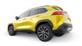 Tokyo, Japan. April 19, 2022: Toyota Corolla Cross 2020. Compact yellow SUV with a hybrid engine and four-wheel drive