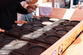 Vender selling 10Yen coin shape pancake with mozzarella cheese in Sensoji temple
