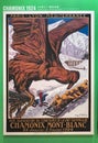 French poster of Chamonix 1924 winter olympics games depicting an eagle soaring above a bobsleigh track in Alps.