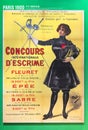French poster of Paris 1900 summer olympics games depicting a fencer woman holding an ÃÂ©pÃÂ©e, a foil and a sabre.
