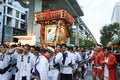 Several japanese men carrying a portable shrine Mikoshi for the Akebono-cho parade in Tachikawa