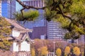 Authentic building in the territory by the Emperor palace of Japan on background of skyscrapers. Royalty Free Stock Photo