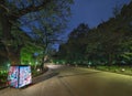 Ueno Park illuminated by Andon lanterns depicting Japanese Ukiyo-e draws at night.