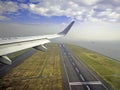 Tokyo, Japan - 05 December 2018. Japan Airlines or JAL plane at Runway of Haneda International Airport Viewed from inside the airc Royalty Free Stock Photo