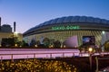 Tokyo Dome arena building tight shot at blue hour