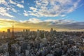 Bird`s-eye view of a sunset cityscape depicting the Tokyo tower and Roppongi Hills skyscrapers. Royalty Free Stock Photo