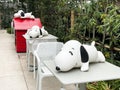 Snoopy dogs and doghouse at Peanuts Sunny side cafe in Harajuku. Tokyo, Japan