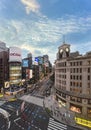 Bird`s-eye view of the clock tower of Ginza Wako building and the tower of sanai dream center at sunset.