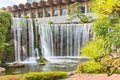 Closeup long exposure on the big waterfall of the Hotel New Otani. Royalty Free Stock Photo