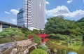 Japanese traditional Taikobashi bridge at foot of new otani tokyo garden tower.