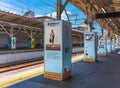 Railway platform of Shibamata train station featuring the Japanese film series starring Tora-san.