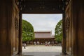 Tokyo, Japan, July 2018: wooden gates view entrance to Meiji Shrine in Shibuya, Japan