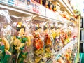 TOKYO, JAPAN JUNE 28 - 2017: Close up of assorted Geisha dolls inside of a plastic bags, in a a toy center in Tokyo Royalty Free Stock Photo