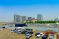 TOKYO, JAPAN JUNE 28 - 2017: The futuristic Fuji TV Building in a beautiful sunny day with a blue sky, with some cars