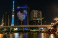 Tokyo, Japan, June 9, 2020: Night scene of famous landmark Tokyo Skytree, Asahi Tower, Sumida River. The Asahi Beer Brewery Royalty Free Stock Photo