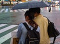 Couple Umbrella In Rain, Tokyo, Japan Royalty Free Stock Photo