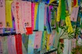 TOKYO, JAPAN JUNE 28 - 2017: Wish write on small colorful papers in wishing tree at Little Tokyo, famous attraction