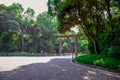 TOKYO, JAPAN: Landscape view showing the Torii, the entrance leading to the Meiji Shrine located in Shibuya, Tokyo