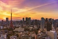 Tokyo, japan - march 23 2022: Bird`s-eye view of a beautiful pink and orange color sunset on a cityscape of the Shibadaimon Royalty Free Stock Photo