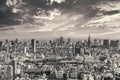 Black and white panorama of the skyscrapers of Shinjuku ward.