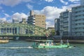 Cleaning boat in front of Mannenbashi iron bridge on Sumida river in Tokyo.