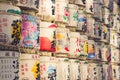 TOKYO, JAPAN - MARCH 30: A collection of Japanese sake barrels s Royalty Free Stock Photo