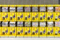 Tokyo, Japan - March 1, 2018 : Gachapon, yellow Japanese capsule toy vending machine in Narita international airport Royalty Free Stock Photo