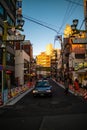 Tokyo / Japan- March 11, 2019: Street road at Ueno downtown in Tokyo, Japan. View at the sunset evening