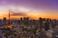 Stunning bird`s-eye view of the iconic Tokyo tower against a beautiful sunset without any logo or brand.