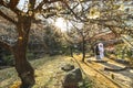 Traditional Japanese shinto wedding of a couple in black haori kimono and white shiromuku Royalty Free Stock Photo