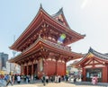 Visitors enjoy cherry blossom (Sakura) at Senso-ji Buddhist Temple located in the Asakusa district