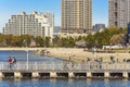 Seascape of sunny day on the pontoon of Odaiba Marine Park and Odaiba beach.