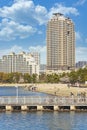 Seascape of sunny day on the pontoon of Odaiba Marine Park and Odaiba beach.