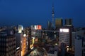 Asakusa district aerial view. Cityscape of Asakusa with Tokyo Skytree at night. Crosswalk