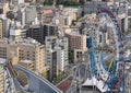 Bird`s eye view of the roller coaster and the ferris wheel of Laqua Tokyo Dome City Mall in kourakuen.