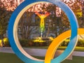 Close up on Olympic Rings monument with Cauldron of Nagano Olympic Winter Games.