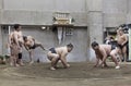 TOKYO, JAPAN - May 18, 2016: Japanese sumo wrestler training in their stall in Tokyo