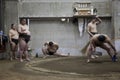 TOKYO, JAPAN - May 18, 2016: Japanese sumo wrestler training in their stall in Tokyo on May 18. 2016