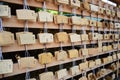 TOKYO, JAPAN: Many wooden of Votive Tablets at Meiji Shrine in Shibuya, Tokyo, Japan