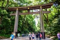 TOKYO, JAPAN: The Torii, the entrance, leading to the Meiji Shrine located in Shibuya, Tokyo