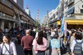 Tokyo, Japan - May 3, 2021: unidentified tourists and japanese people are shopping and traveling at Tsukiji fish market in