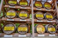 TOKYO, JAPAN: Wooden Barrels stacked of wine at Meiji Shrine in Shibuya, Tokyo