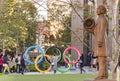 Bronze statue of Kano Jigoro in front of the Olympic Rings monument of the Japan Olympic Museum