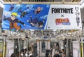 Japanese banner depicting the heroes of the manga and anime Naruto and the Fortnite online video game.